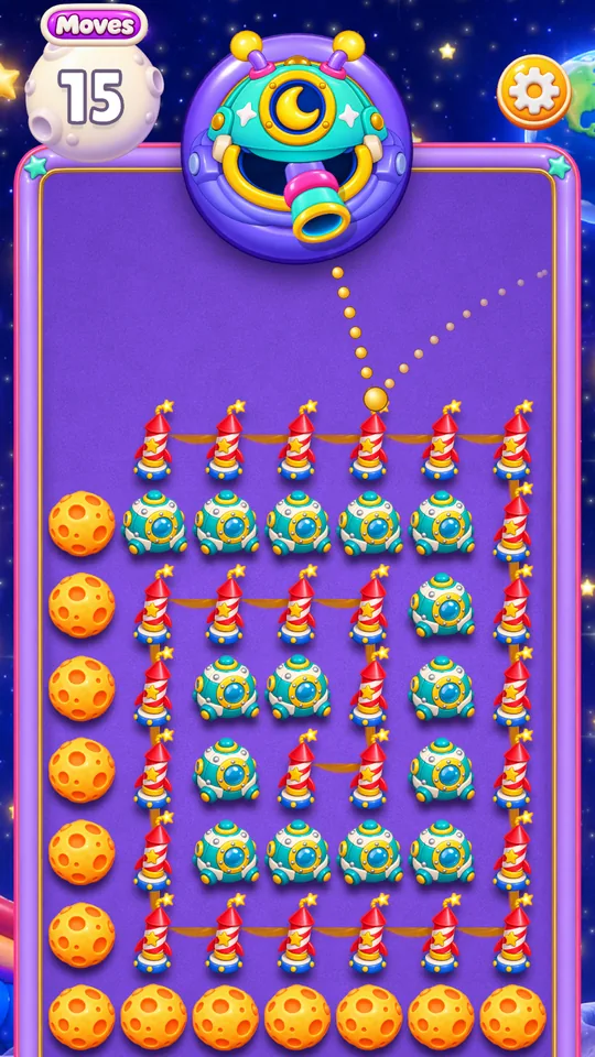 A Moon Bounce level: a party cannon aimed at rows of toys on the Moon