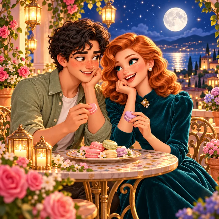 Vivi and Liam on a moonlit date with macarons, from Wedding Planner: Merge & Love