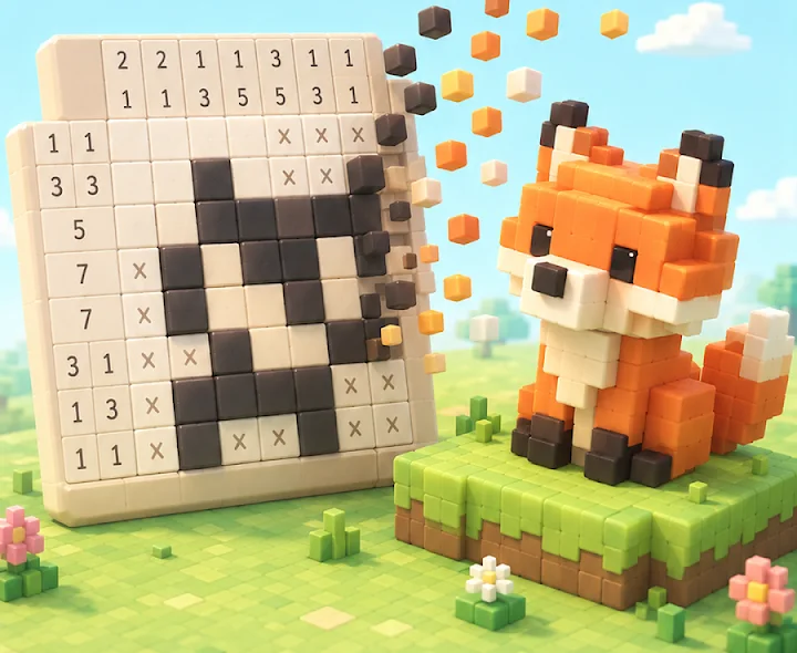 A pixel fox beside a nonogram puzzle, from Nonogram World